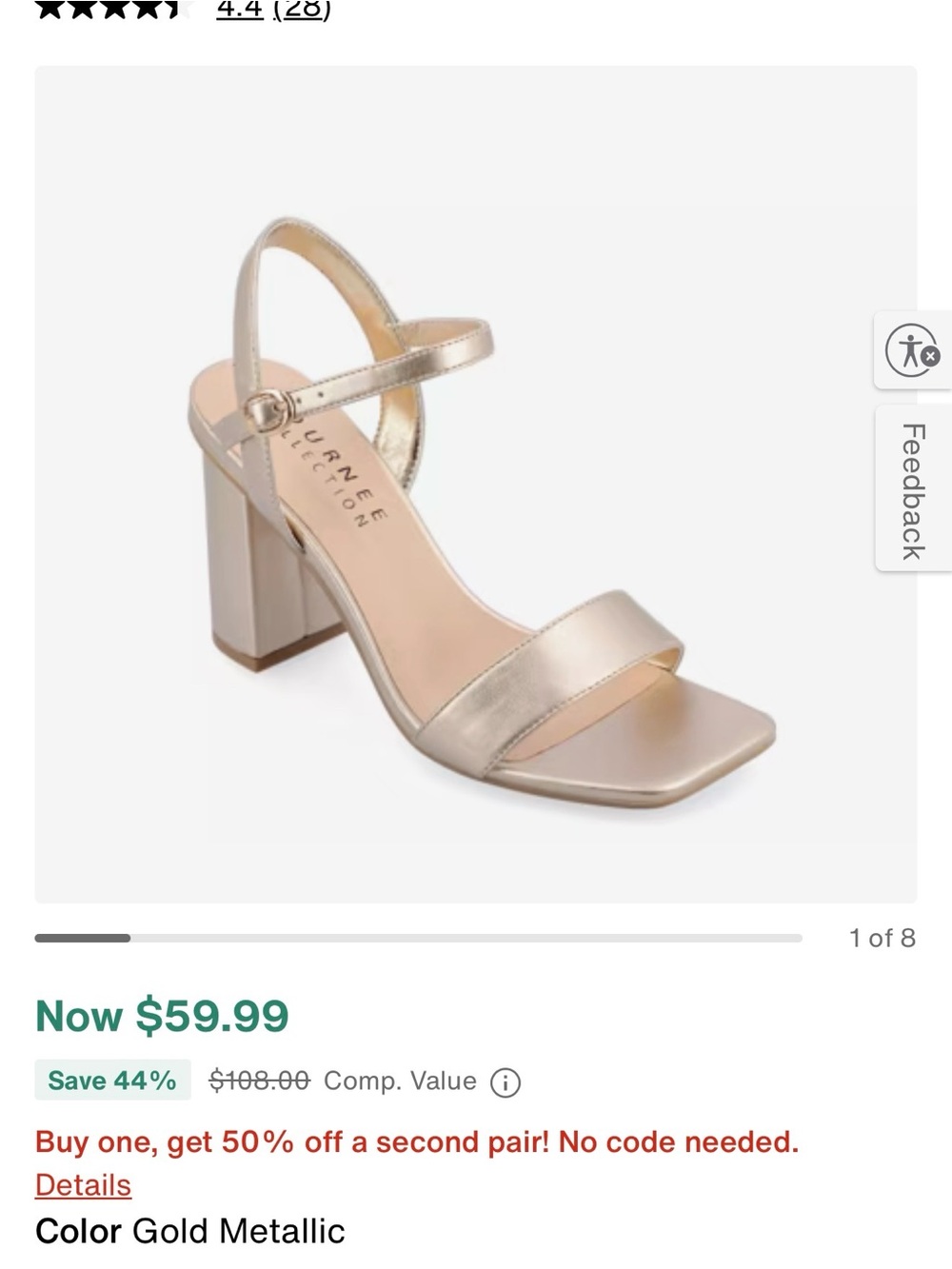 Journee Gold Metallic Block Heel Sandal